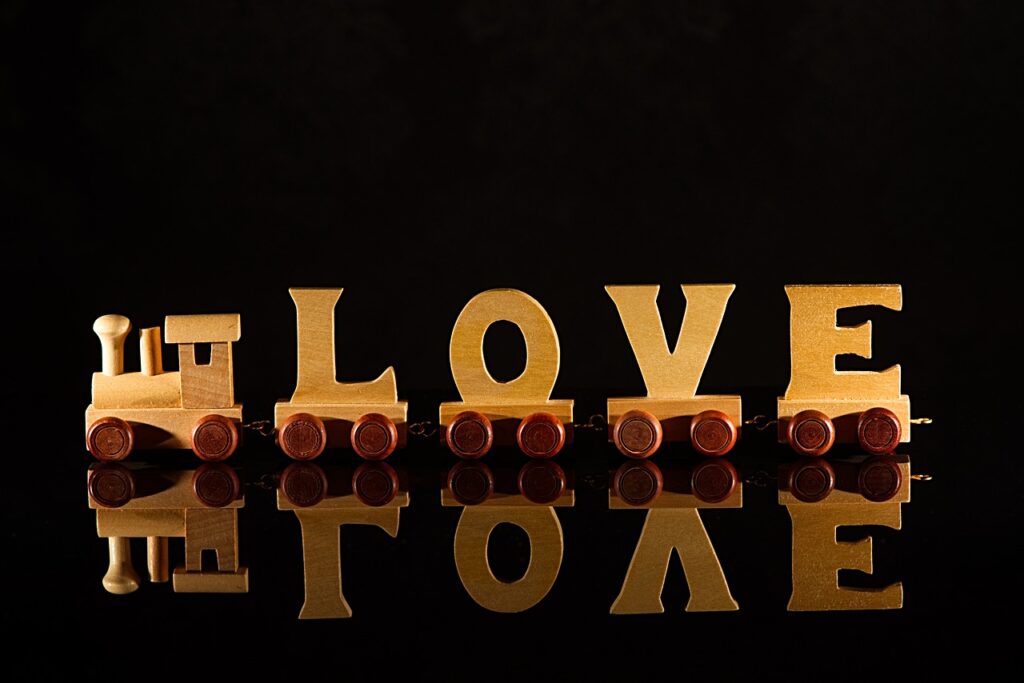 love, wooden letters, train